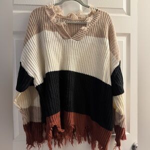 Colorblock V-Neck Fringed Sweater